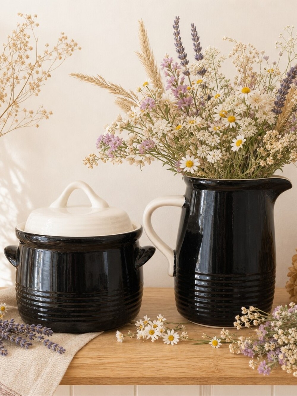 Vintage Mikasa Black Ceramic Pitcher & Covered Pot — Made in Japan